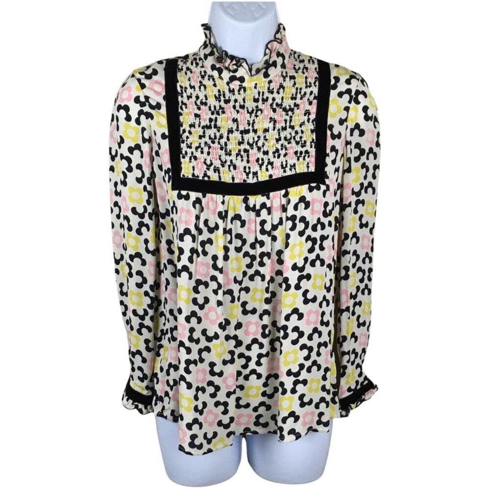 Orla Kiely x Leith Clark Blouse Bib Neck Floral Button Back Velvet Trim Womens 2